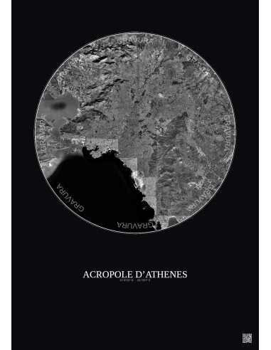 Acropole Dathenes Satellite View Poster 20km B&W | Gravura – Dark background