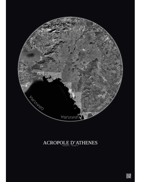 Acropole Dathenes Satellite View Poster 20km B&W | Gravura – Dark background