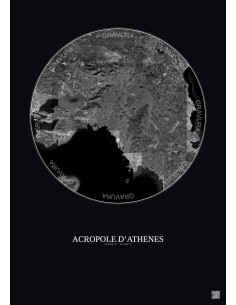 Affiche Acropole Dathenes – Poster vue satellite 30km N&B | Gravura – Fond foncé