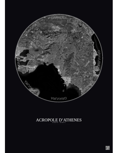 Acropole Dathenes Satellite View Poster 30km B&W | Gravura – Dark background