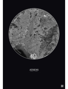 Affiche Athens – Poster vue satellite 10km N&B | Gravura – Fond foncé