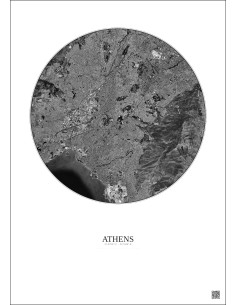 Affiche Athens – Poster vue satellite 10km N&B | Gravura – Fond clair