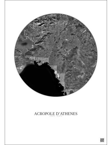 Affiche Acropole Dathenes – Poster vue satellite 20km N&B | Gravura – Fond clair
