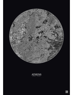 Affiche Athens – Poster vue satellite 6km N&B | Gravura – Fond foncé