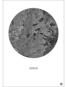 Affiche Athens – Poster vue satellite 6km N&B | Gravura – Fond clair