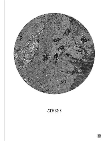 Affiche Athens – Poster vue satellite 6km N&B | Gravura – Fond clair
