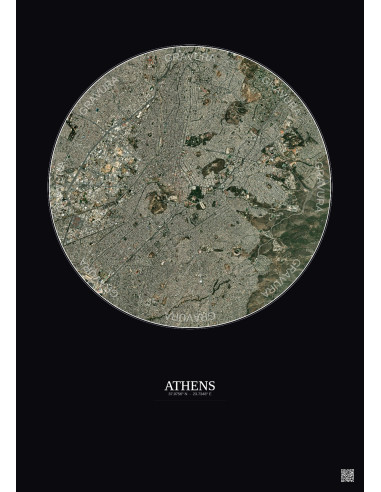 Affiche Athens – Poster vue satellite 6km Couleur | Gravura – Fond foncé