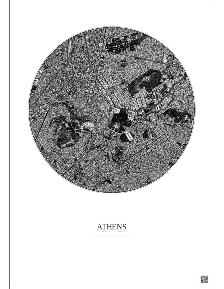 Affiche Athens – Poster vue satellite 2.5km N&B | Gravura – Fond clair