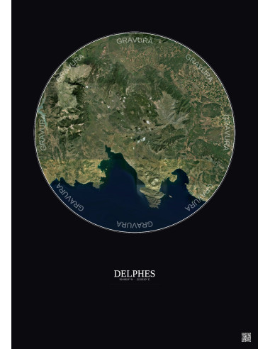 Affiche Delphes – Poster vue satellite 30km Couleur | Gravura – Fond foncé