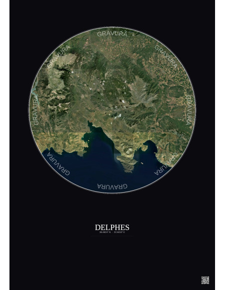 Affiche Delphes – Poster vue satellite 30km Couleur | Gravura – Fond foncé