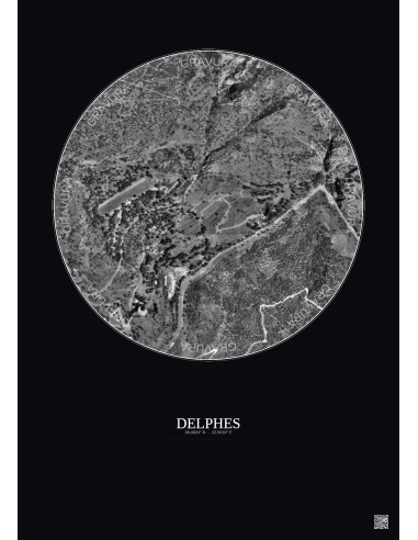 Affiche Delphes – Poster vue satellite 0.5km N&B | Gravura – Fond foncé