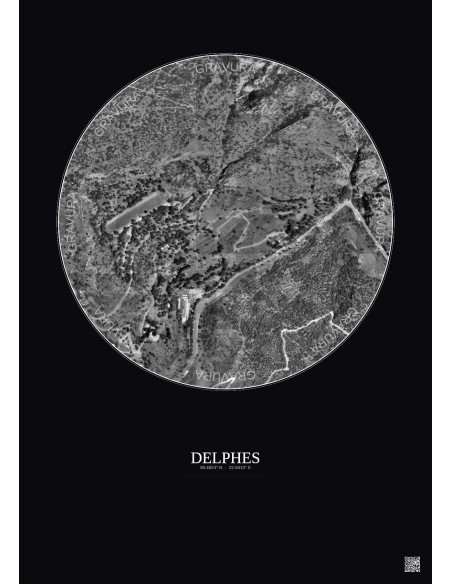 Affiche Delphes – Poster vue satellite 0.5km N&B | Gravura – Fond foncé