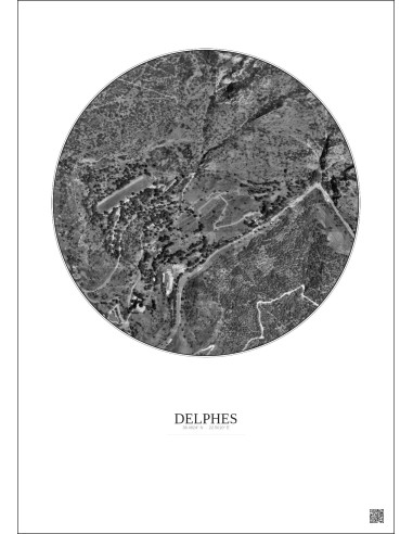 Affiche Delphes – Poster vue satellite 0.5km N&B | Gravura – Fond clair