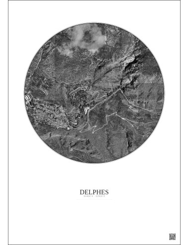 Affiche Delphes – Poster vue satellite 1km N&B | Gravura – Fond clair