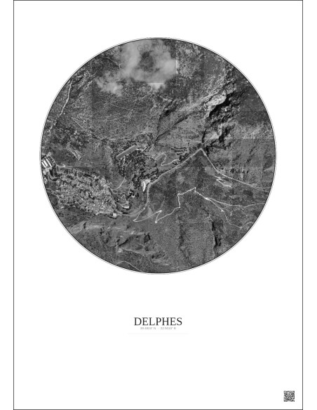 Affiche Delphes – Poster vue satellite 1km N&B | Gravura – Fond clair
