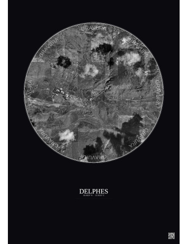 Affiche Delphes – Poster vue satellite 2.5km N&B | Gravura – Fond foncé