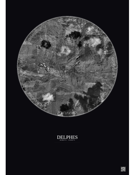 Affiche Delphes – Poster vue satellite 2.5km N&B | Gravura – Fond foncé