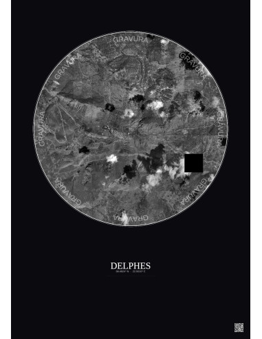 Affiche Delphes – Poster vue satellite 5km N&B | Gravura – Fond foncé