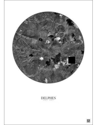Affiche Delphes – Poster vue satellite 5km N&B | Gravura – Fond clair