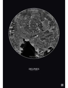 Affiche Delphes – Poster vue satellite 20km N&B | Gravura – Fond foncé