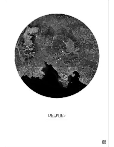 Affiche Delphes – Poster vue satellite 30km N&B | Gravura – Fond clair