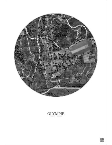 Affiche Olympie – Poster vue satellite 0.5km N&B | Gravura – Fond clair