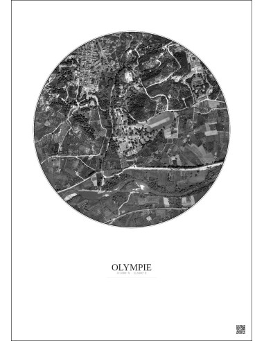 Affiche Olympie – Poster vue satellite 1km N&B | Gravura – Fond clair