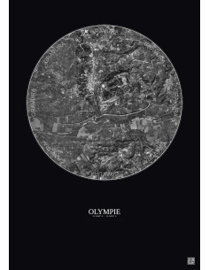 Affiche Olympie – Poster vue satellite 2.5km N&B | Gravura – Fond foncé
