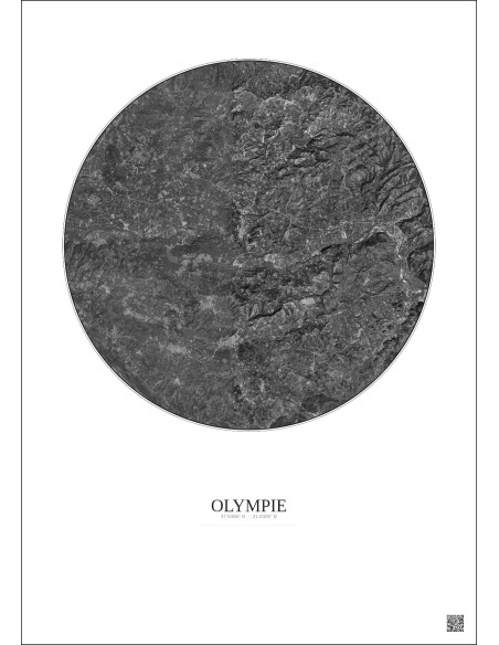 Affiche Olympie – Poster vue satellite 10km N&B | Gravura – Fond clair