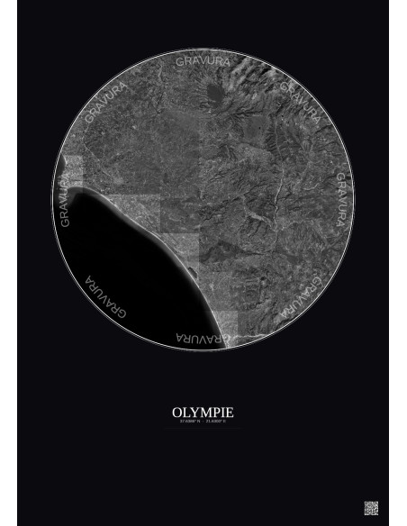 Olympie Satellite View Poster 30km B&W | Gravura – Dark background