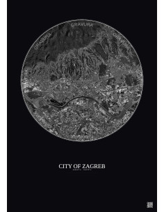 Affiche City Of Zagreb – Poster vue satellite 10km N&B | Gravura – Fond foncé
