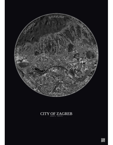 Affiche City Of Zagreb – Poster vue satellite 10km N&B | Gravura – Fond foncé
