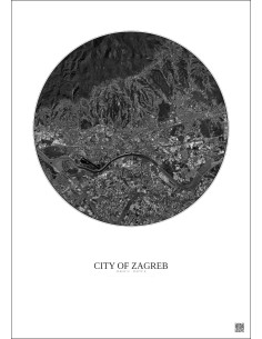 Affiche City Of Zagreb – Poster vue satellite 10km N&B | Gravura – Fond clair