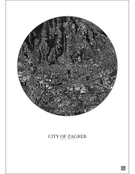 Affiche City Of Zagreb – Poster vue satellite 2.5km N&B | Gravura – Fond clair