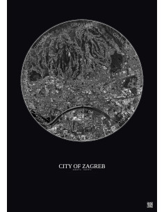 Affiche City Of Zagreb – Poster vue satellite 6km N&B | Gravura – Fond foncé