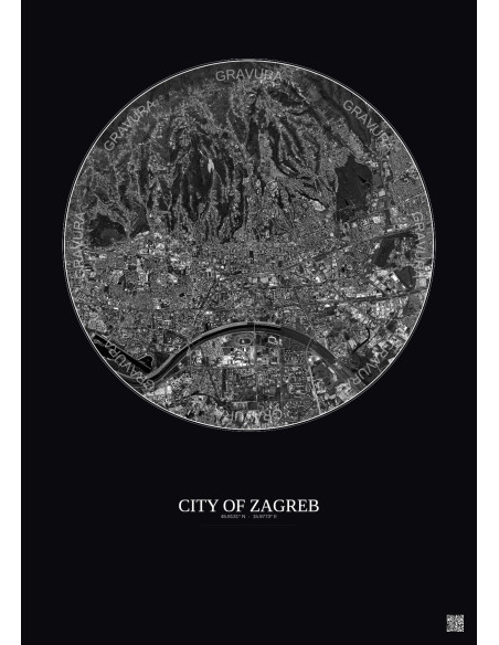 Affiche City Of Zagreb – Poster vue satellite 6km N&B | Gravura – Fond foncé