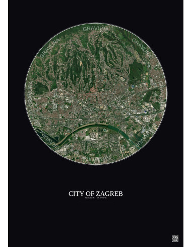 Affiche City Of Zagreb – Poster vue satellite 6km Couleur | Gravura – Fond foncé