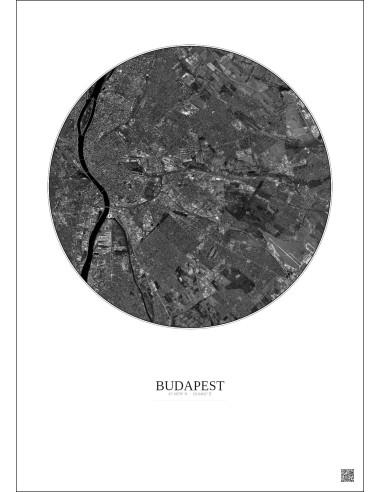 Budapest Satellite View Poster 10km B&W | Gravura – Light background