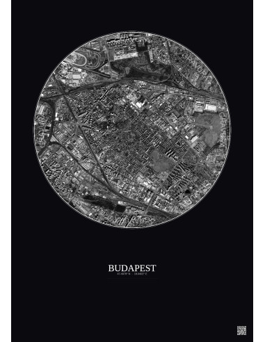 Affiche Budapest – Poster vue satellite 2.5km N&B | Gravura – Fond foncé