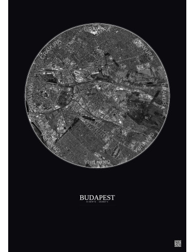 Budapest Satellite View Poster 6km B&W | Gravura – Dark background