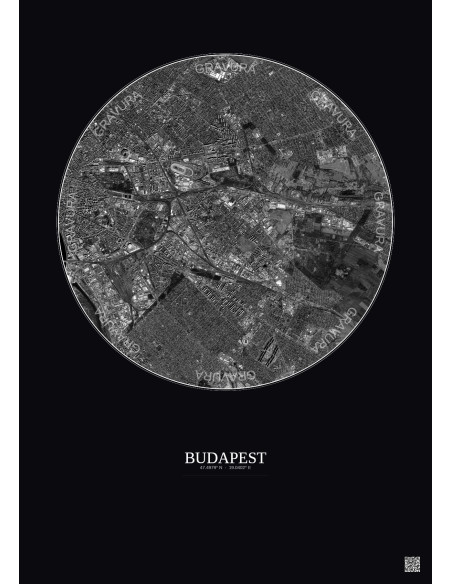 Budapest Satellite View Poster 6km B&W | Gravura – Dark background