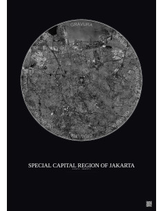 Affiche Special Capital Region Of Jakarta – Poster vue satellite 10km N&B | Gravura – Fond foncé