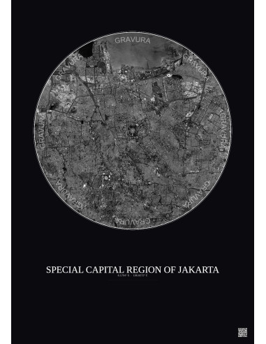 Affiche Special Capital Region Of Jakarta – Poster vue satellite 10km N&B | Gravura – Fond foncé