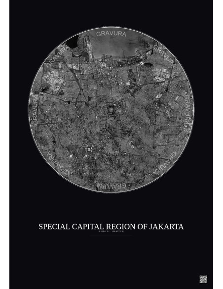 Affiche Special Capital Region Of Jakarta – Poster vue satellite 10km N&B | Gravura – Fond foncé