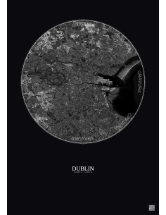 Affiche Dublin – Poster vue satellite 10km N&B | Gravura – Fond foncé