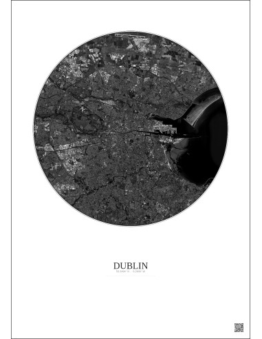 Affiche Dublin – Poster vue satellite 10km N&B | Gravura – Fond clair