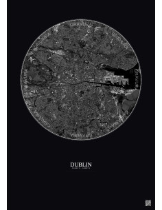 Affiche Dublin – Poster vue satellite 6km N&B | Gravura – Fond foncé