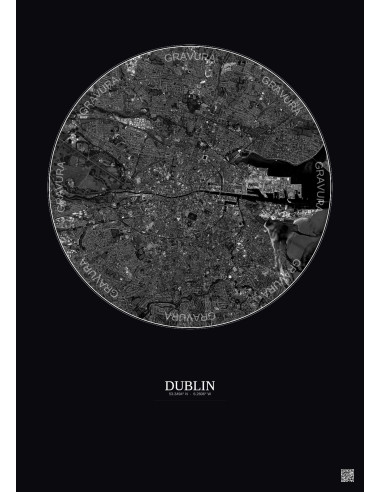 Affiche Dublin – Poster vue satellite 6km N&B | Gravura – Fond foncé