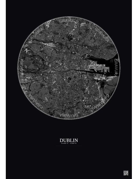 Affiche Dublin – Poster vue satellite 6km N&B | Gravura – Fond foncé