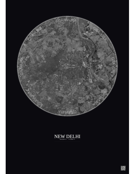 Affiche New Delhi – Poster vue satellite 10km N&B | Gravura – Fond foncé